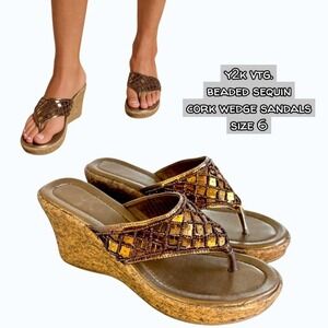 Vintage Y2K Bronze Beaded Sequin Cork Wedges sz. 6✨